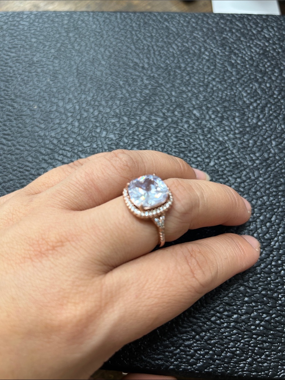 Rose Gold Halo Cushion-Cut White Gemstone Ring Size 9